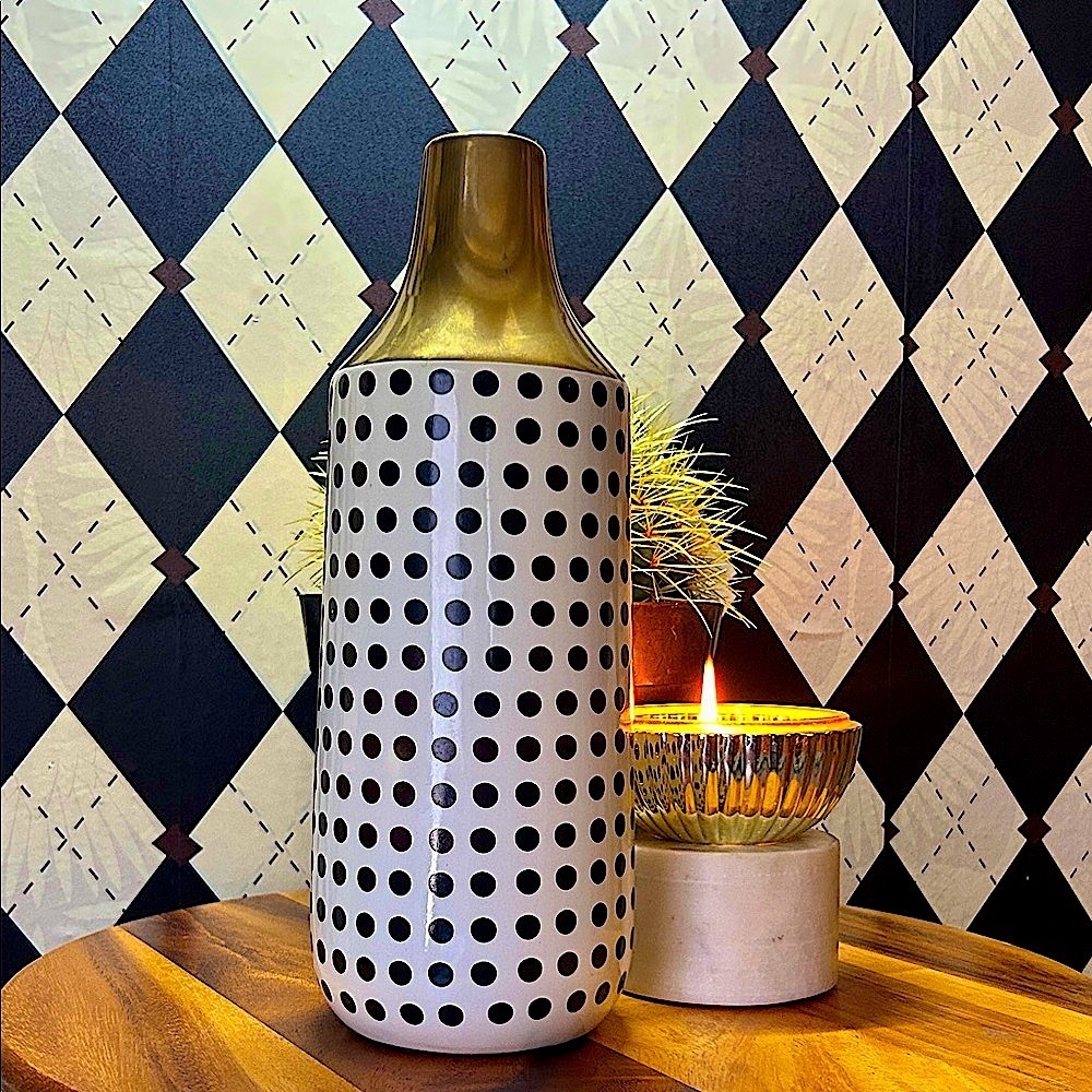 Black, White & Gold Polka Dot‎ Ceramic Vase - Gold Neck – 12” Modern Classic - Picture 5 of 9